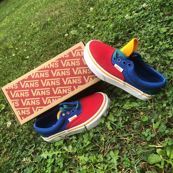 vans era red blue & yellow skate shoes